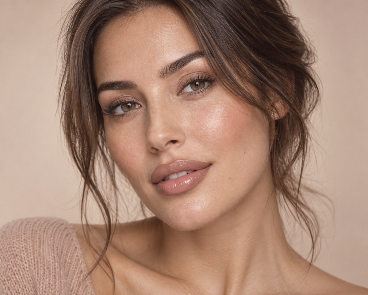 Modell med glossy lepper, varm rouge og myk øyemakeup