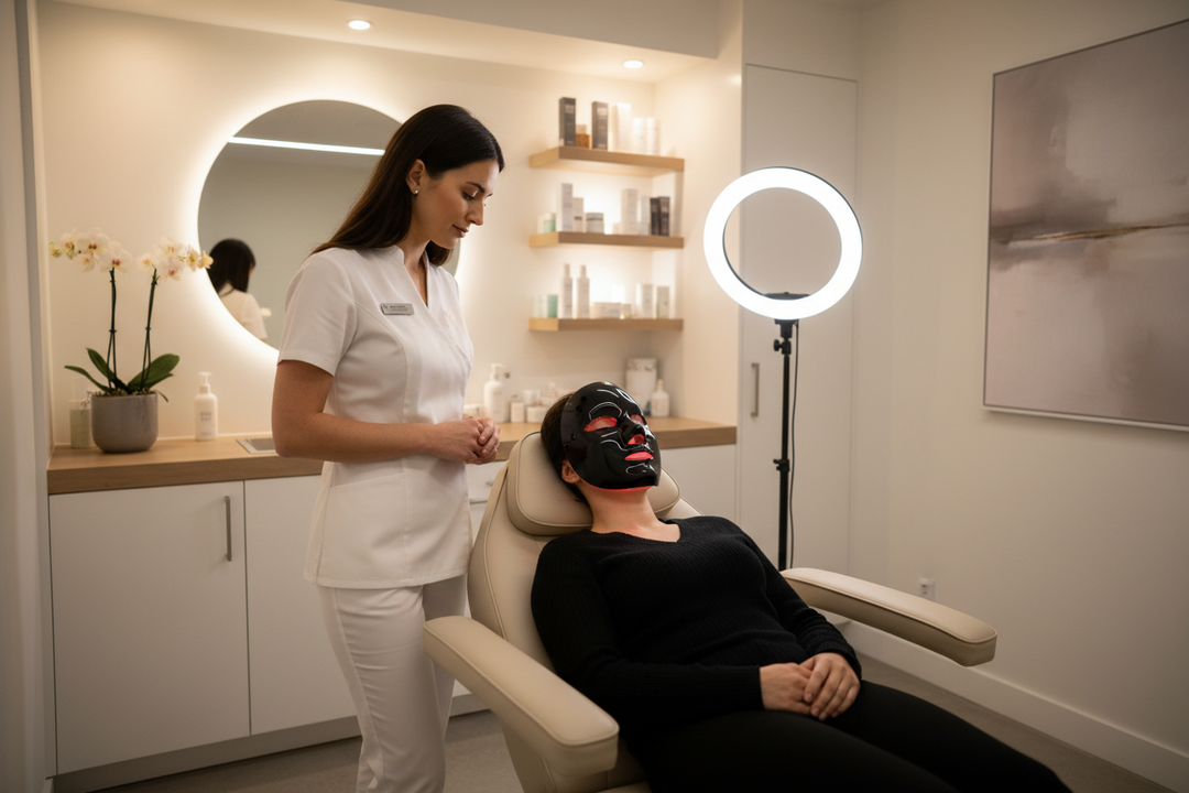 A proffesienonal skin therapist looking at a cliney sitting with a black ledmask on. The ledmask i glowing a lilltle red from behind the mask. Client sitting in a beige chear leaning back. 