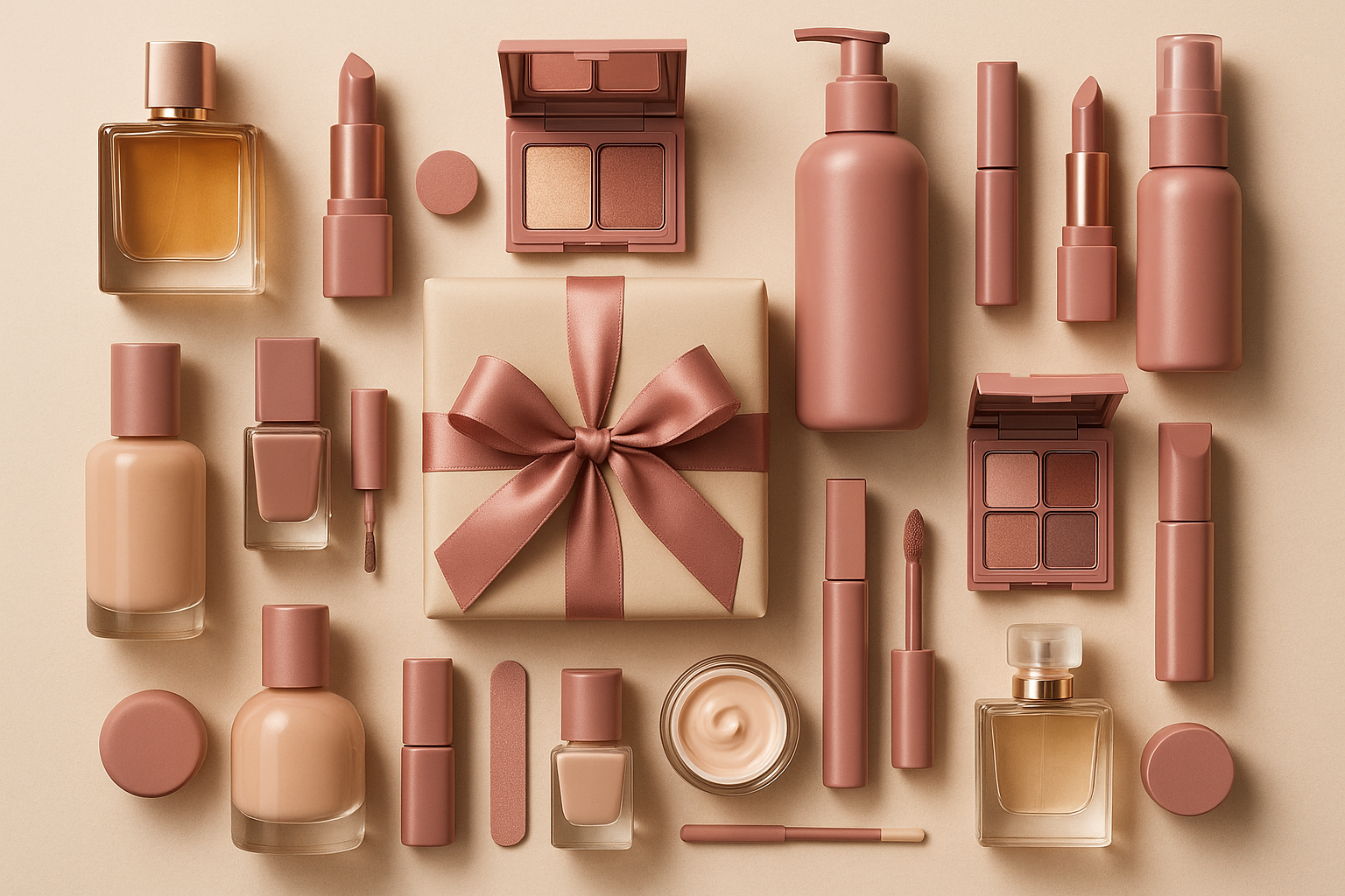 Bilde i dusrosa og beige toner som viser ulike produkter. Make up, parfyme for han og henne, hår produkter, negelprodukter. Blandt produktene skal det være en gave pent innpakket.