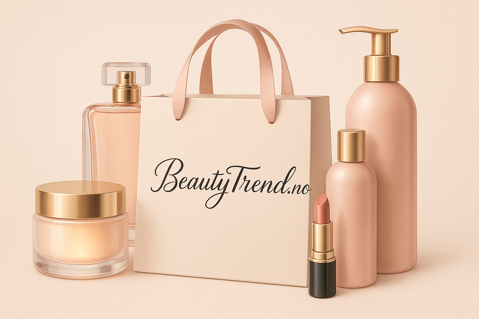 
Du har sendt
A luxurious and feminine beauty store banner with a soft beige background, delicate blush pink tones, and subtle golden accents. A stylish shopping bag with “BeautyTrend.no” written elegantly on it, surrounded by luxury beauty products: a glowing face cream jar, a sleek perfume bottle, an elegant lipstick, and premium haircare bottles. The composition should feel high-end, glamorous, and exclusive, with a soft, modern, and sophisticated aesthetic.