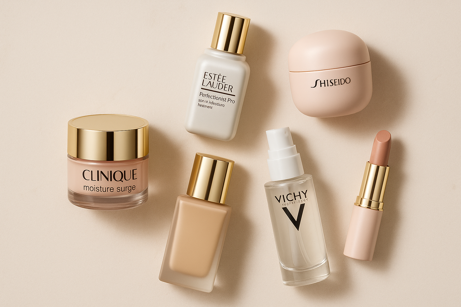 Elegant flatlay of luxury skincare and makeup products inspired by Clinique, Estée Lauder, Vichy, Shiseido. Minimalist packaging in beige, white, soft pink and gold details. Clean and sophisticated style, photographed on a soft neutral background, luxury beauty aesthetic.
