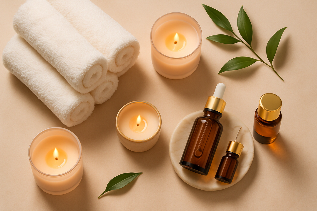 Elegant wellness flatlay with rolled white towels, scented candles, essential oils and a touch of greenery. Beige and blush tones with soft lighting and golden accents for a relaxing and luxurious atmosphere.