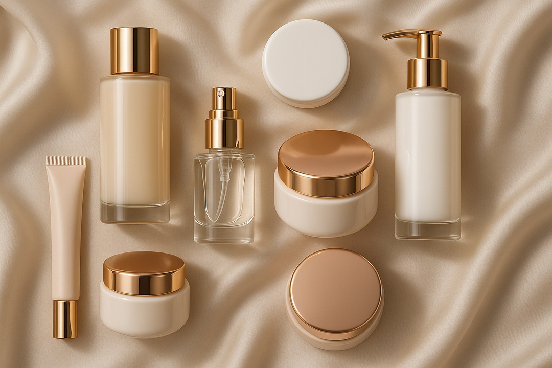 Exclusive skincare flatlay with luxury bottles, jars and pumps in soft beige, white and blush tones with golden details. Minimalist, clean and elegant look, placed on a silky background.