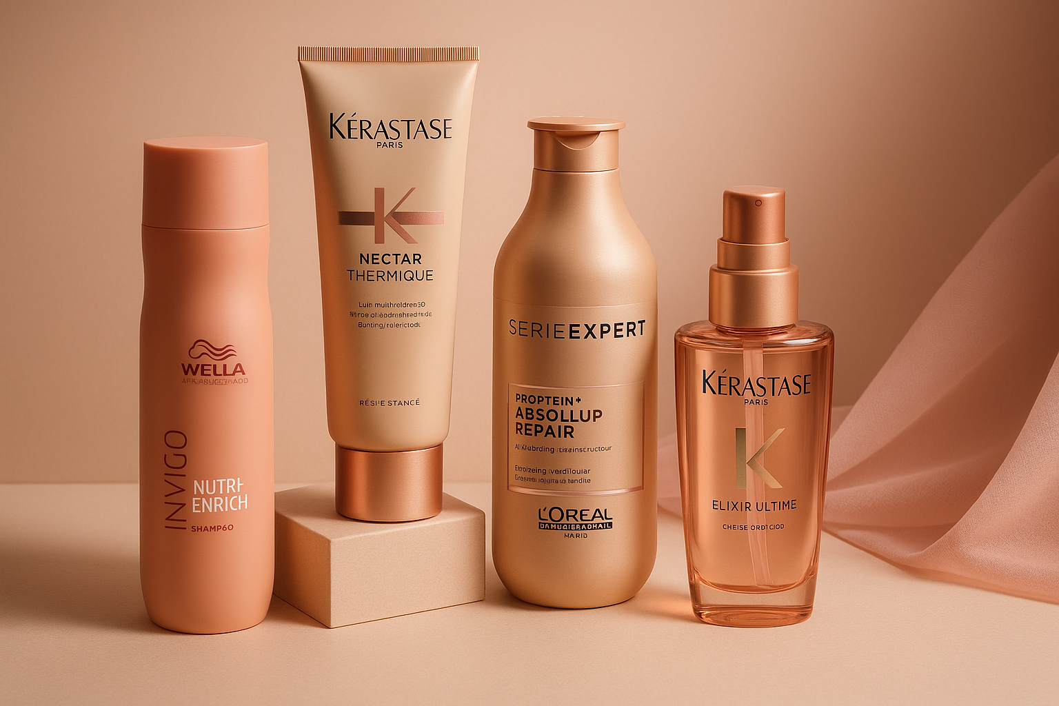 Hårpleieprodukter fra wella, kerastase, loreal. Bildet skal være i beige og rosatoner. 