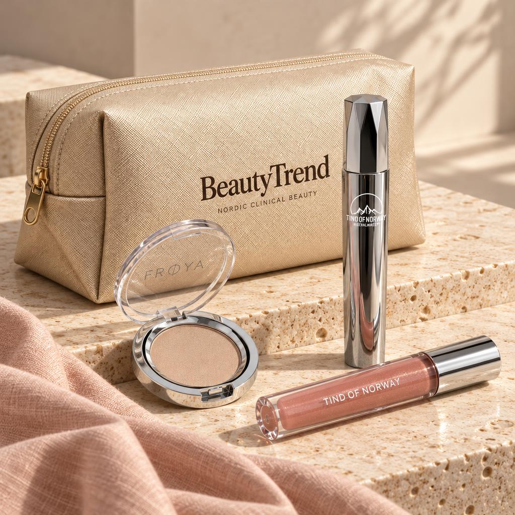 Glød, tekstur, makeup i bruk – BeautyTrend toalettmappe og sminkefavoritter på varm travertin
