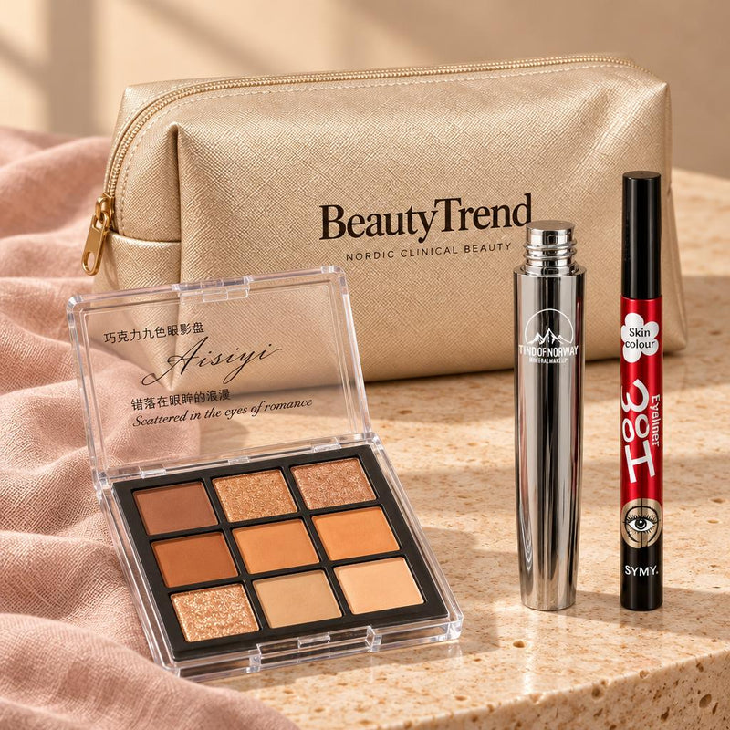 BeautyTrend Festklar Gavesett – Toalettmappe, Mascara, Golden Hour Øyenskyggepalett & Eyeliner