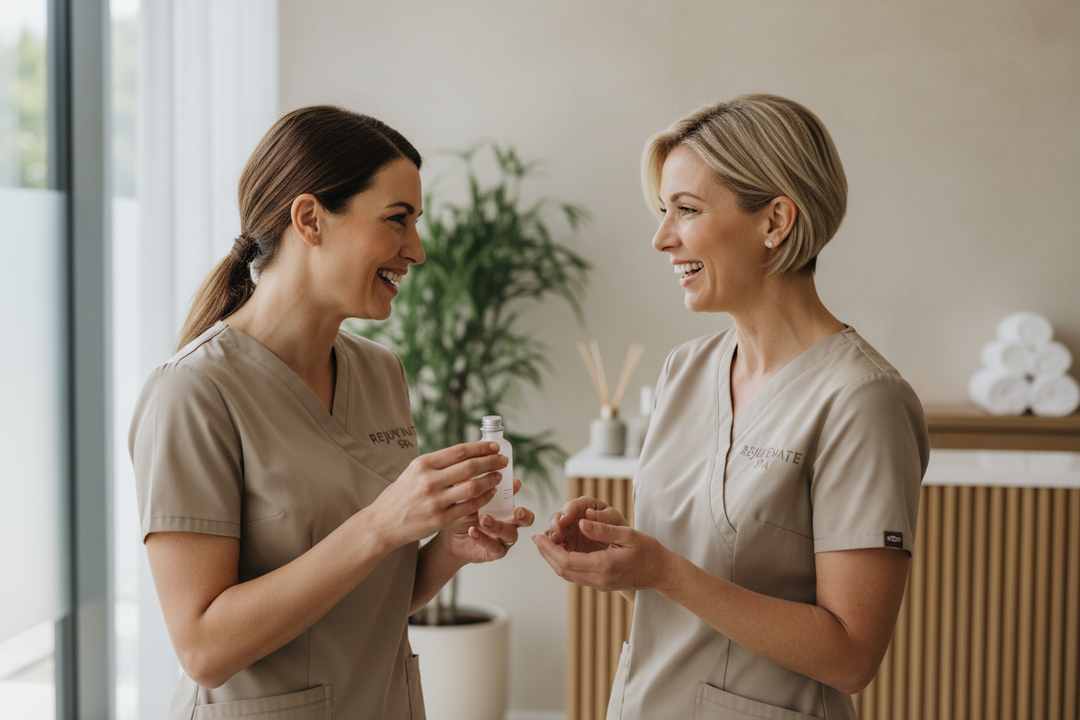 light bacground. two skin therapist with bige uniforms sminling an talking. 