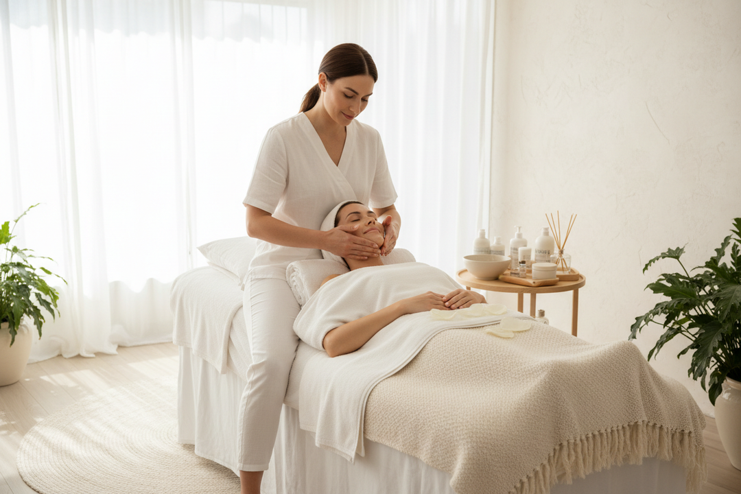 light background . a skin therapist giving a women homespa