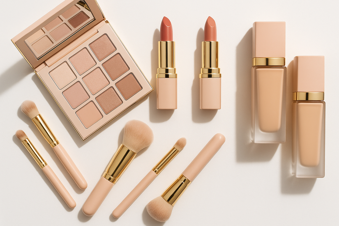 Luxury makeup flatlay with lipsticks, eyeshadow palette, brushes and foundation bottles in soft nude, blush and beige tones with golden accents. Minimalist, elegant, high-end style.