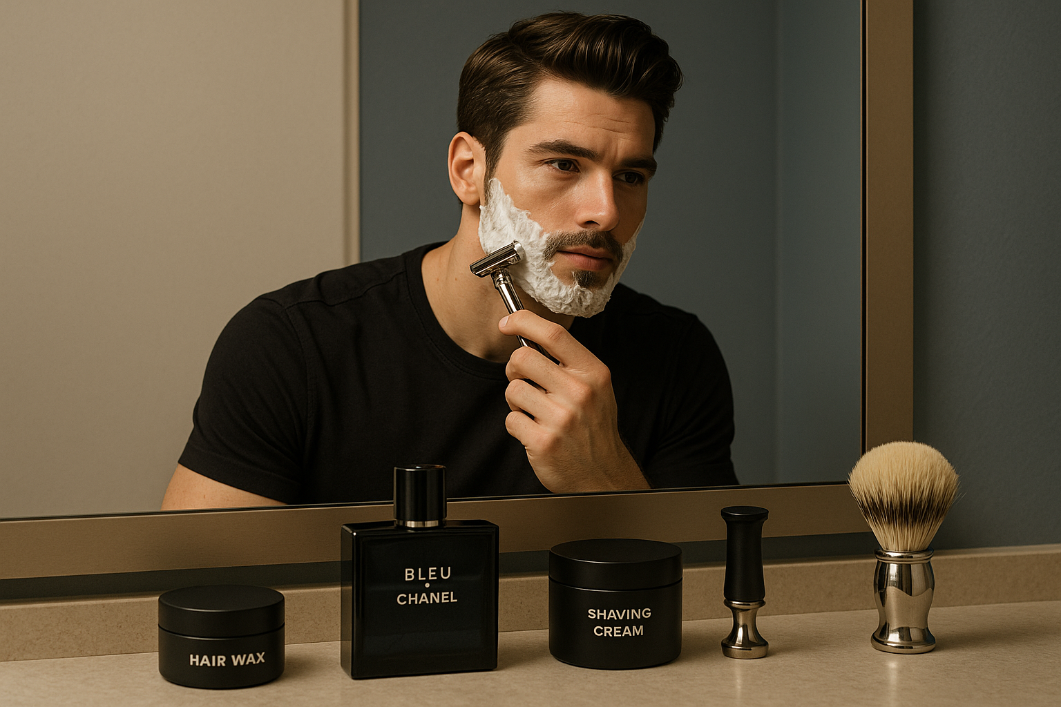 Men mannlig modell som barberer seg, forran ahn står det hårvoks, herreparyme fra chanel og barberingsutstyr. bilde i beige, dus blå pg sort