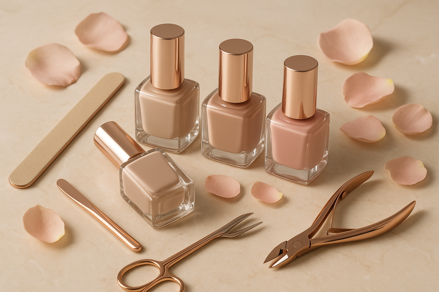 Negle produkter, bildet skal være i beige, rosatoner og beige med et ekslusivt preg