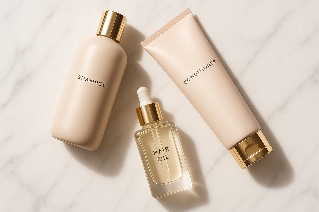 Premium haircare flatlay with elegant shampoo bottles, conditioner tubes and hair oil in beige, blush and white packaging with golden lids. Clean, soft luxury style with a spa feel.