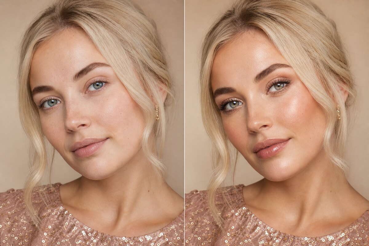 Redaksjonell sammenligning av Makeupglød til fest med før og etter look