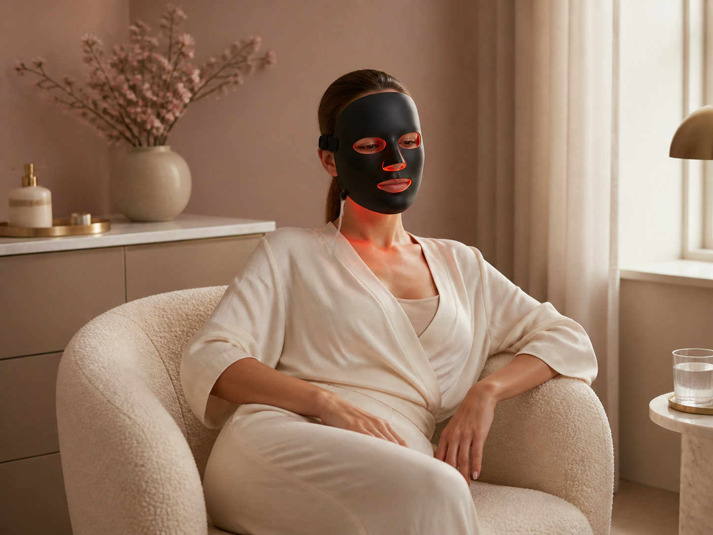Kvinne slapper av i en lys lenestol med en LED-maske.