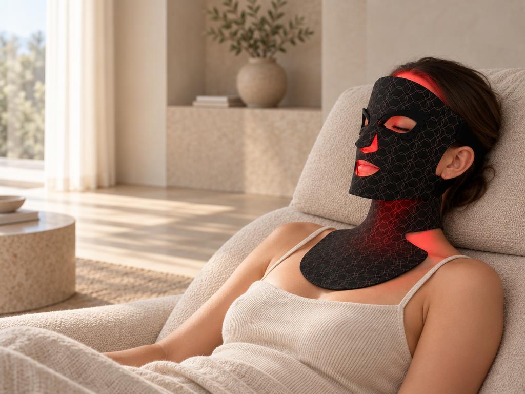 Modell med lukkede øyne som slapper av med LED-maske